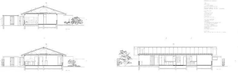 Tegning af parcelhus til tre familier. Facaden har flere døre og vinduer sammenlignet med et traditionelt énfamilieshus